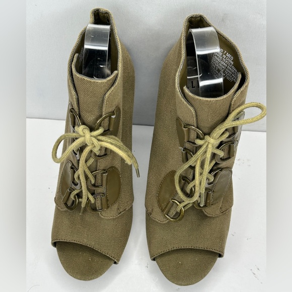 Elle Vaughn Olive Green PeepToe Ankle Booties Canvas Sz 7 - Picture 4 of 12